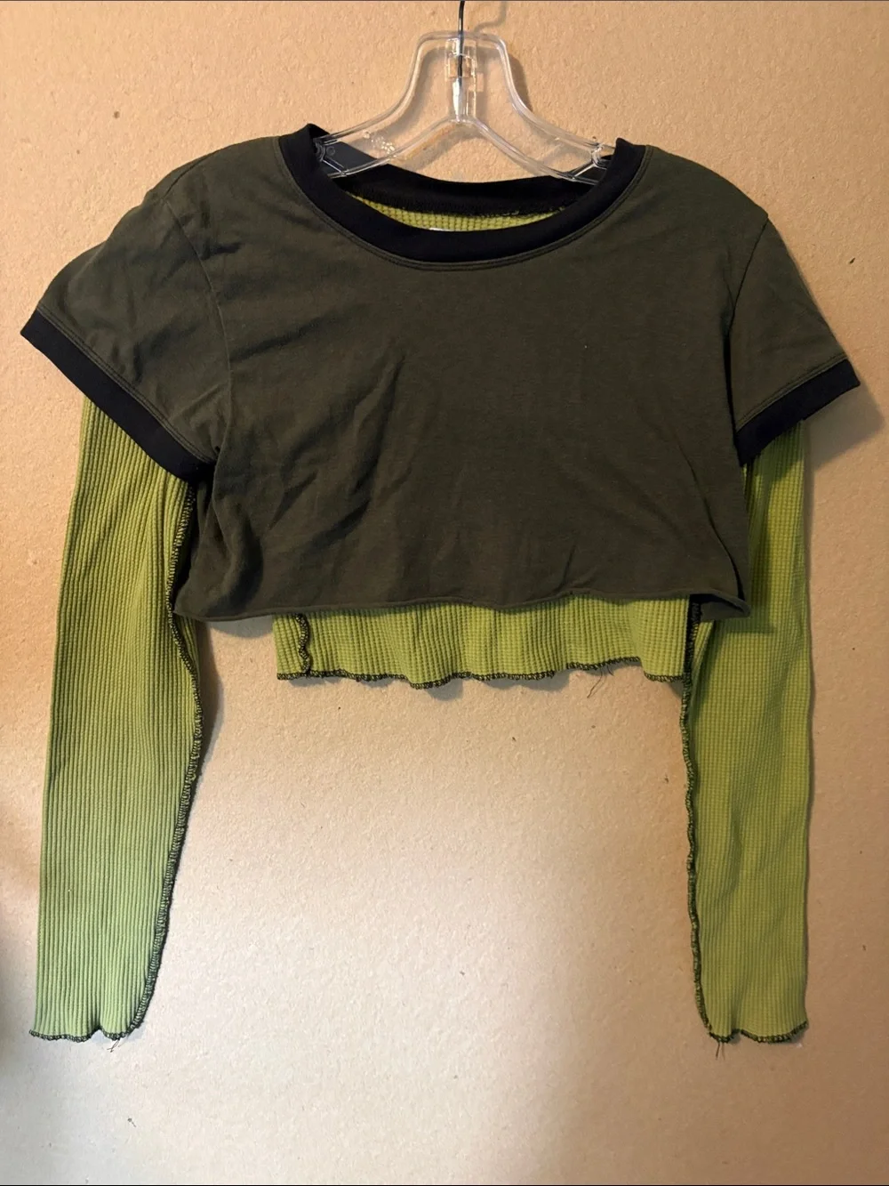 BDG Olive Green Crop Top with Lime Ribbed Layer - Picture 2 of 5